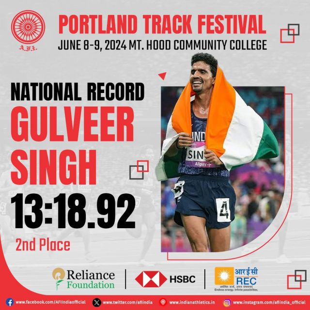 Gulveer Singh improves national men's 5,000m track record to 13:18.92 seconds. He finished 2nd in 5,000m race at Portland Track Festival.