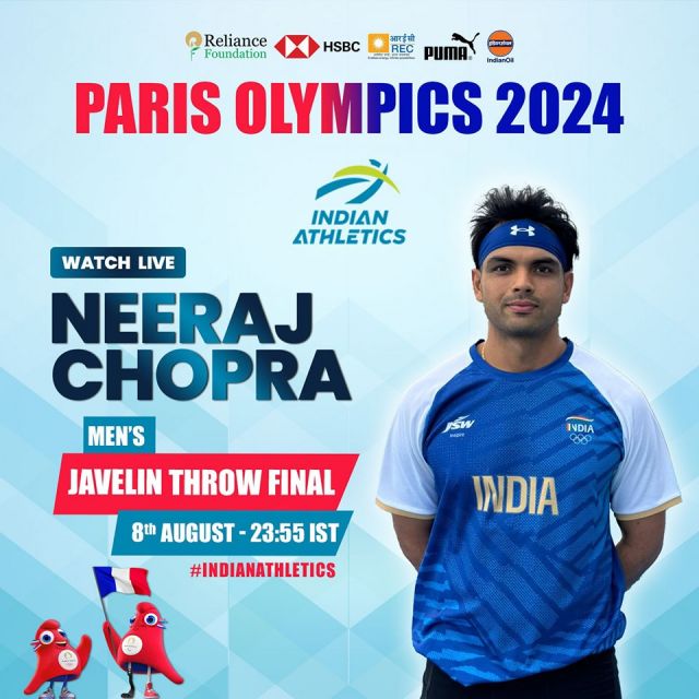 All the Best Champion

Watchout the LIVE Action Today at 11:55 pm IST

@paris2024 
@hsbc @reliancefoundation @reclindia @indianoilcorp @pumaindia 

#indianathletics #athletics #afi #ParisOlympics2024 #olympics #olympics2024 #NeerajChopra #javelinthrow #javelin #GoForGold