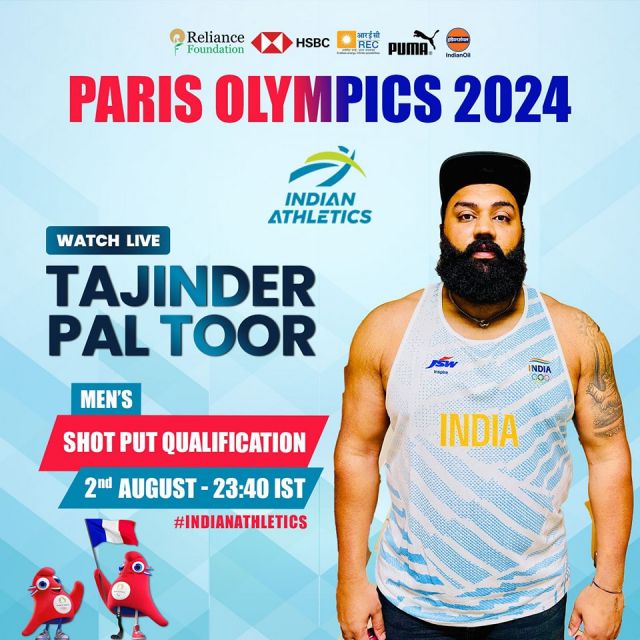 All the Best 

Asian Games Championship @tajinder22.22 (ShotPut) Qualification Round will be in action tomorrow @paris2024 

Page · 3.1M followers Page · 348K followers Page · 200K followers REC Foundation @pumaindia 

#indianathletics #athletics #ParisOlympics2024 #paris #olympics2024