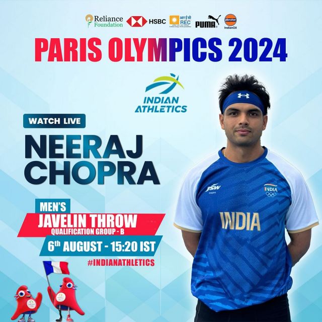 ALL THE BEST!!!
India's Olympic and world champion Neeraj Chopra and Asian Games medalist Kishore Kumar Jena will step on the field tomorrow for men's javelin throw qualification round.

@hsbc @reliancefoundation @reclfoundation @pumaindia @indianoilcorp 

#indianathletics #athletics #afi #ParisOlympics2024 #paris #olympics