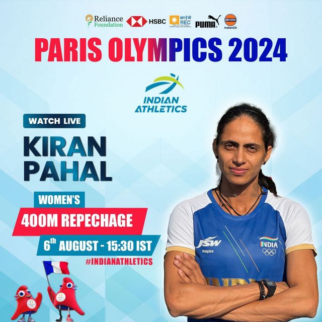 ALL THE BEST 
Watch Kiran Pahal @kiran_pahal_offical Repechage round live action today at 03:30pm.

@hsbc @reliancefoundation @reclindia @indianoilcorp @pumaindia 

#indianathletics #athletics #ParisOlympics2024 #paris