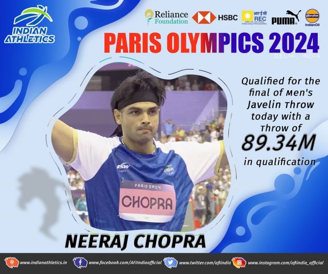 Our Defending Champion @neeraj____chopra qualified for Final with a throw of 89.34m in Men's Javelin Throw 

@hsbc @reliancefoundation @reclindia @pumaindia @indianoilcorp 

#indianathletics #athletics #ParisOlympics2024 #paris #neerajchopra #javelinthrow #neeraj