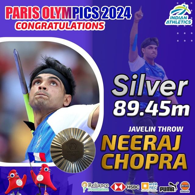 Congrats Champion @neeraj____chopra 

Won Silver Medal in Men's Javelin Throw with a Throw of 89.45m @paris2024 

@hsbc @reliancefoundation @reclindia @pumaindia @indianoilcorp 

#indianathletics #athletics #NeerajChopra #silvermedal #ParisOlympics2024 #olympics2024